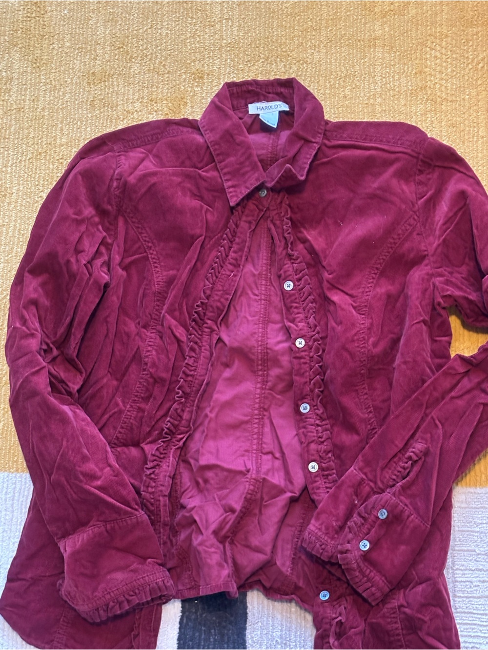 Harold's Burgundy Ruffle-Trim Corduroy Jean Jacket